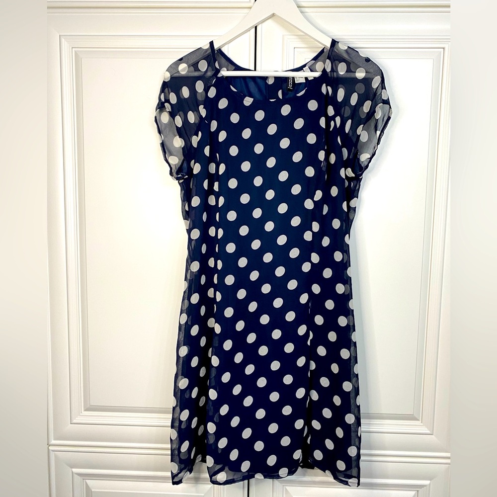 EUC Divided Size 14 Short Sleeve Navy Dress with White Polka Dots Summer Sun